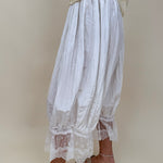 Charlotte Drapery Lace Trim Pants in ivory with gathered balloon leg and floral lace scallop hem — Paper Doll