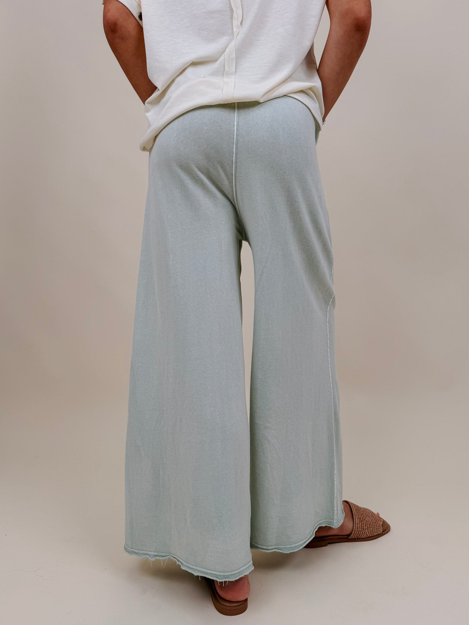 Braxton Cozy Pant in washed sage with a drawstring waist and wide leg — Paper Doll
