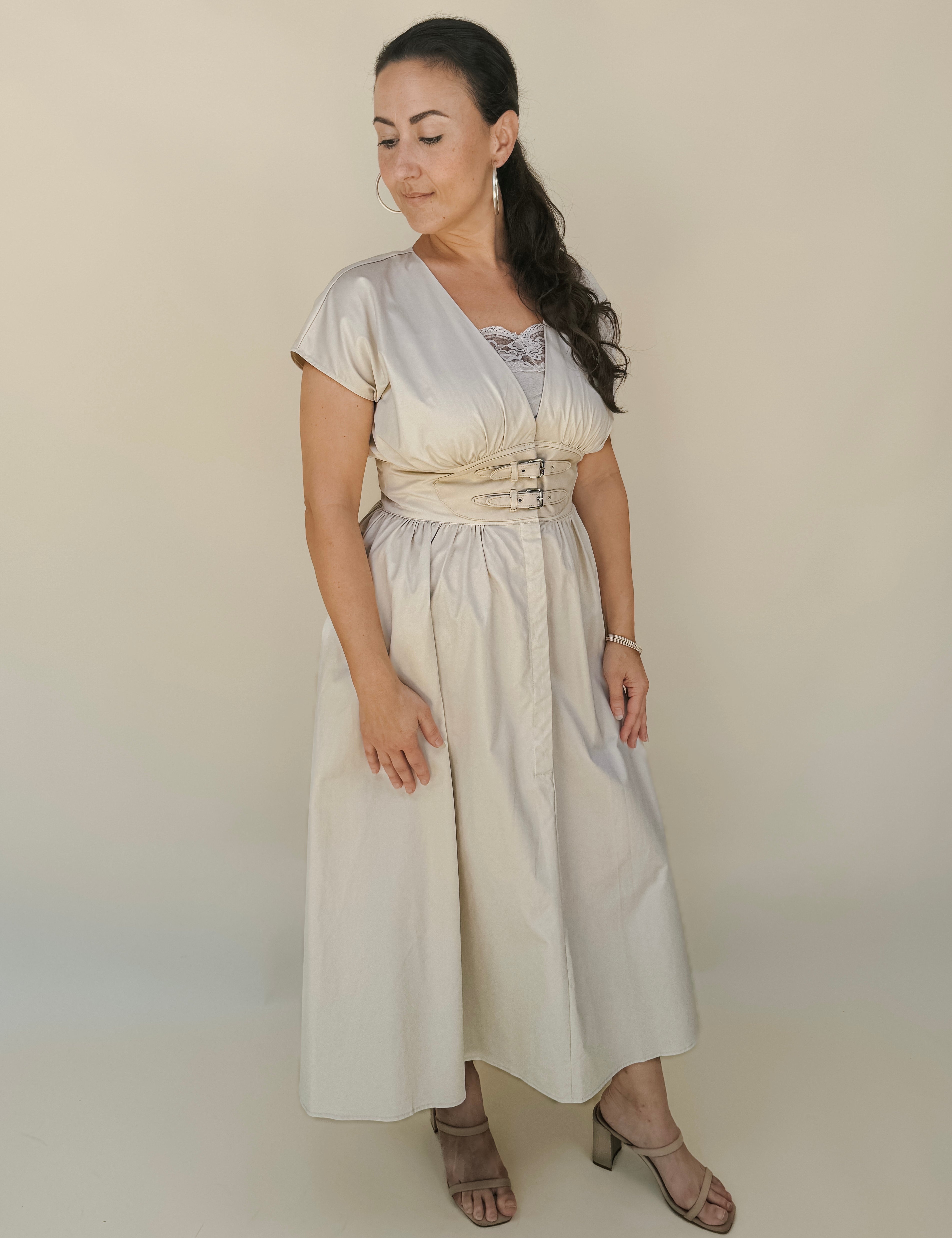 Luna V-Neck Belted Waist Midi Dress