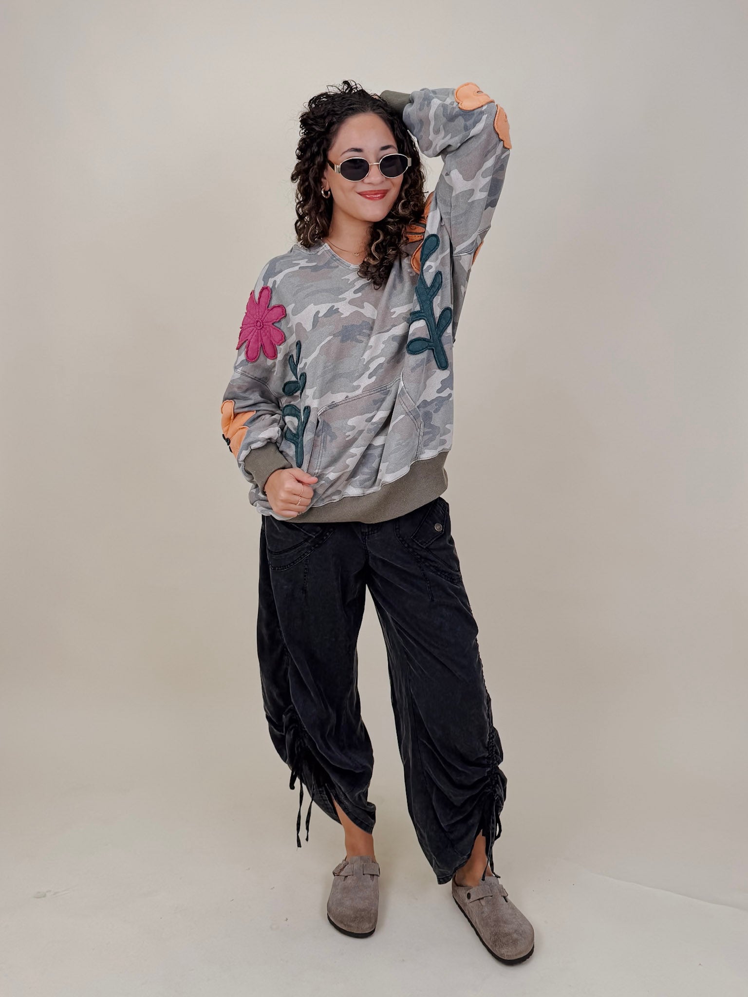 Cozy Jungle Hoodie in washed grey camo with stitched flower appliqués — Paper Doll