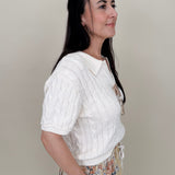 Take Heart Cable Knit Polo Shirt in cream with polo collar and contrast stripe placket — Paper Doll
