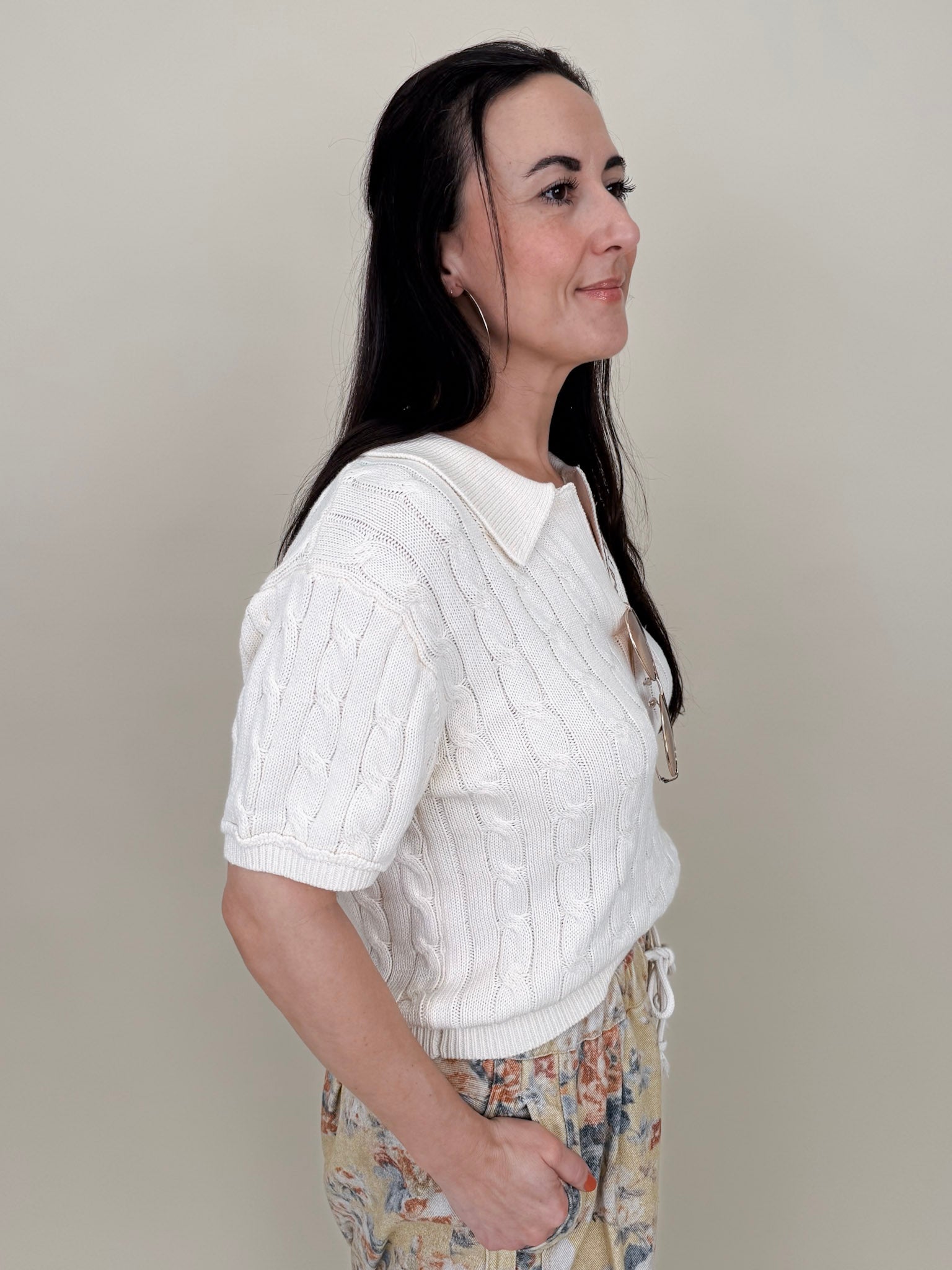 Take Heart Cable Knit Polo Shirt in cream with polo collar and contrast stripe placket — Paper Doll
