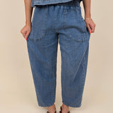Anya Denim Top in washed blue with vertical seam detail and gathered neckline — Paper Doll
