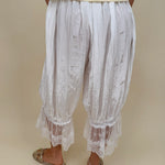 Charlotte Drapery Lace Trim Pants in ivory with gathered balloon leg and floral lace scallop hem — Paper Doll