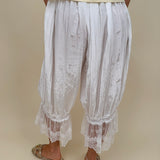 Charlotte Drapery Lace Trim Pants in ivory with gathered balloon leg and floral lace scallop hem — Paper Doll