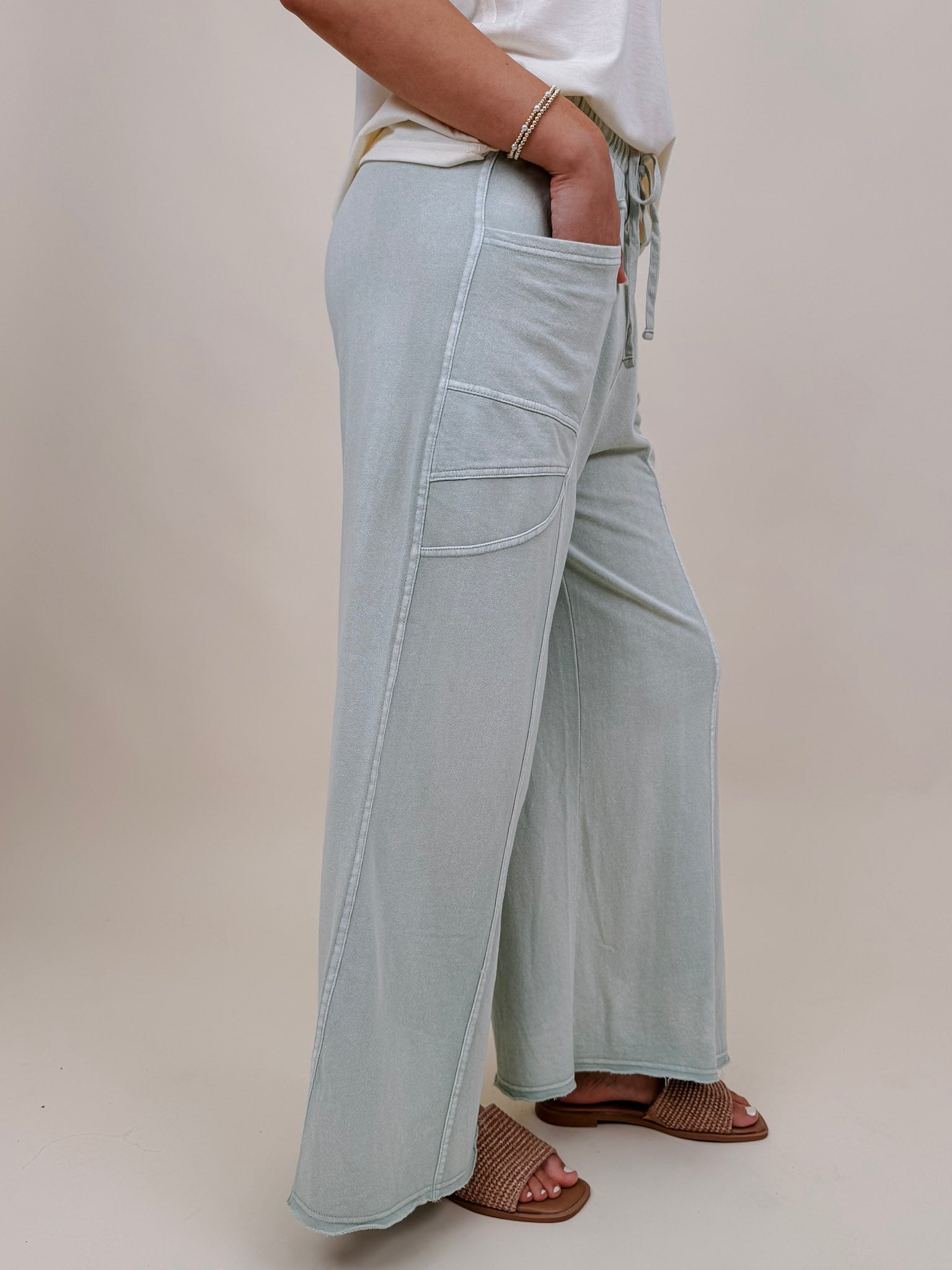 Braxton Cozy Pant in washed sage with a drawstring waist and wide leg — Paper Doll
