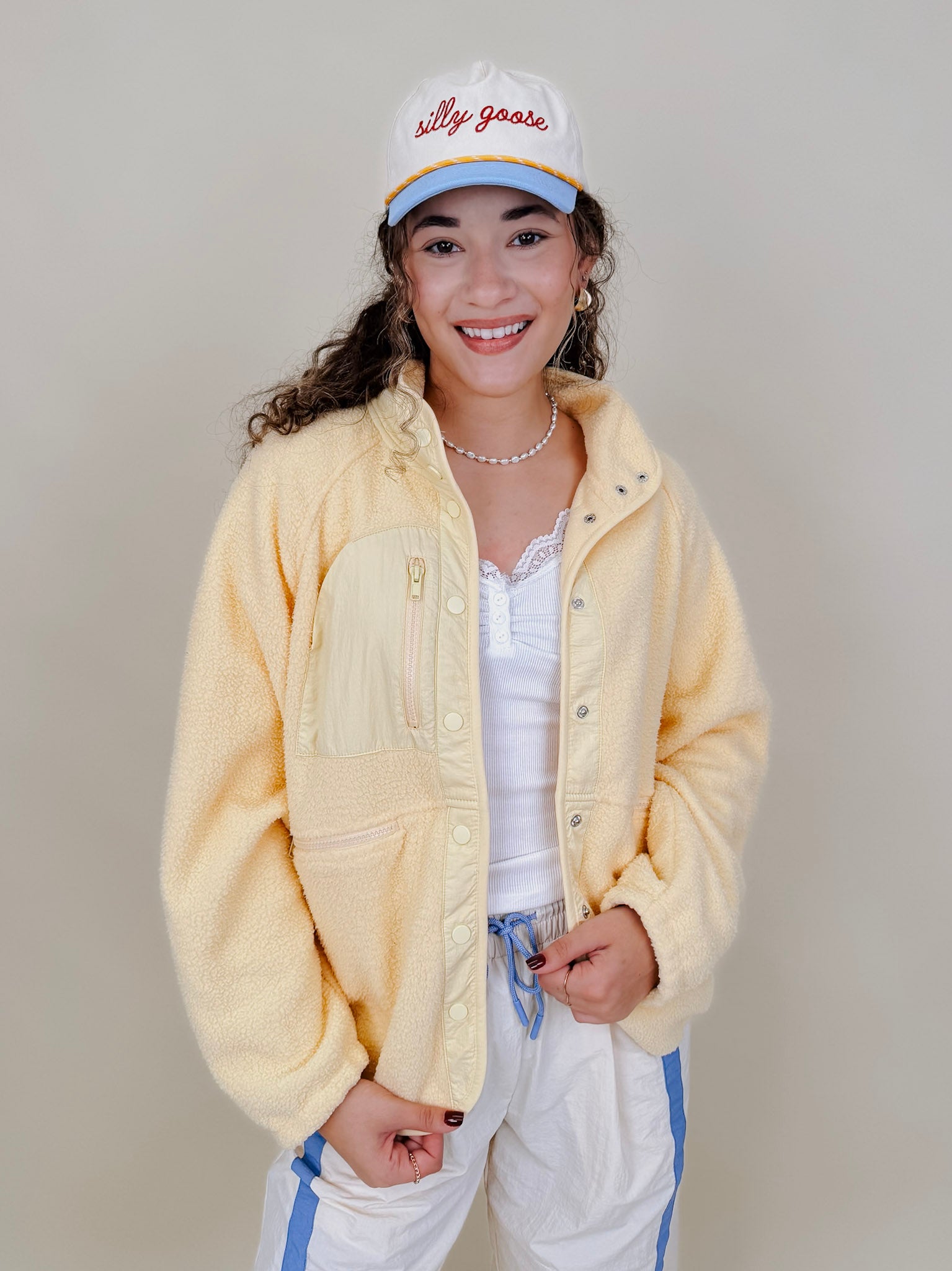 Rubber Duck Jacket in butter yellow sherpa with nylon trim — Paper Doll