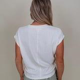 Simple Day Ruched Side Tie Blouse in ivory slub knit with cap sleeves and side ties — Paper Doll