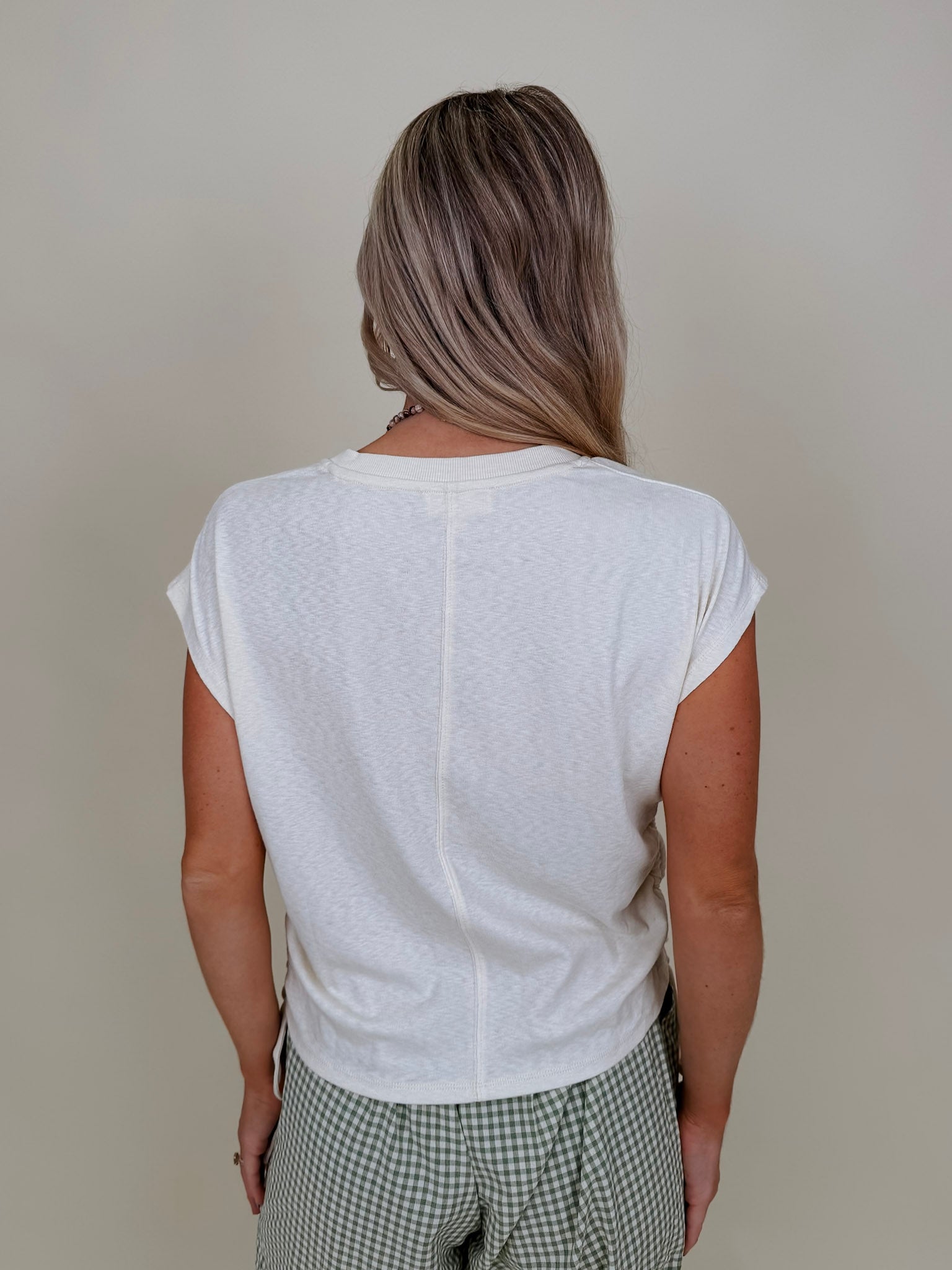 Simple Day Ruched Side Tie Blouse in ivory slub knit with cap sleeves and side ties — Paper Doll