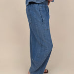 Anya Denim Top in washed blue with vertical seam detail and gathered neckline — Paper Doll
