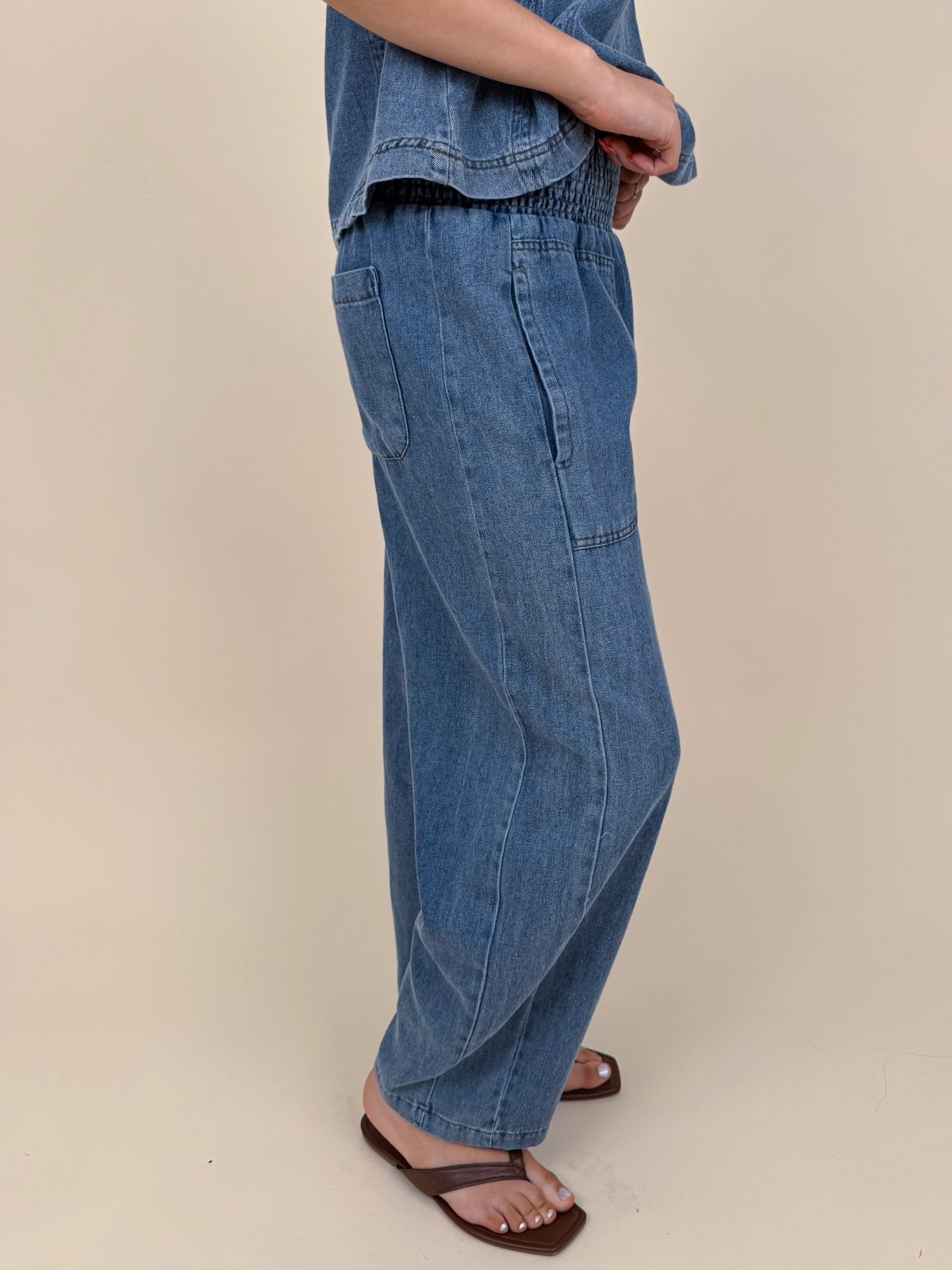 Anya Denim Top in washed blue with vertical seam detail and gathered neckline — Paper Doll
