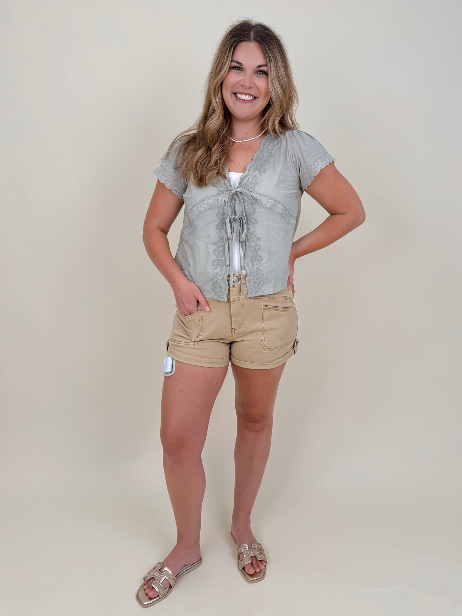 At the Start Front Tie Top in sage with tonal embroidery and scalloped lace trim — Paper Doll
