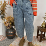 Ellie May Floral Barrel Pant in latte mineral wash with cargo pockets and barrel leg silhouette