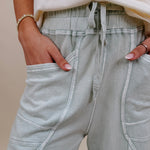 Braxton Cozy Pant in washed sage with a drawstring waist and wide leg — Paper Doll
