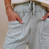 Braxton Cozy Pant in washed sage with a drawstring waist and wide leg — Paper Doll
