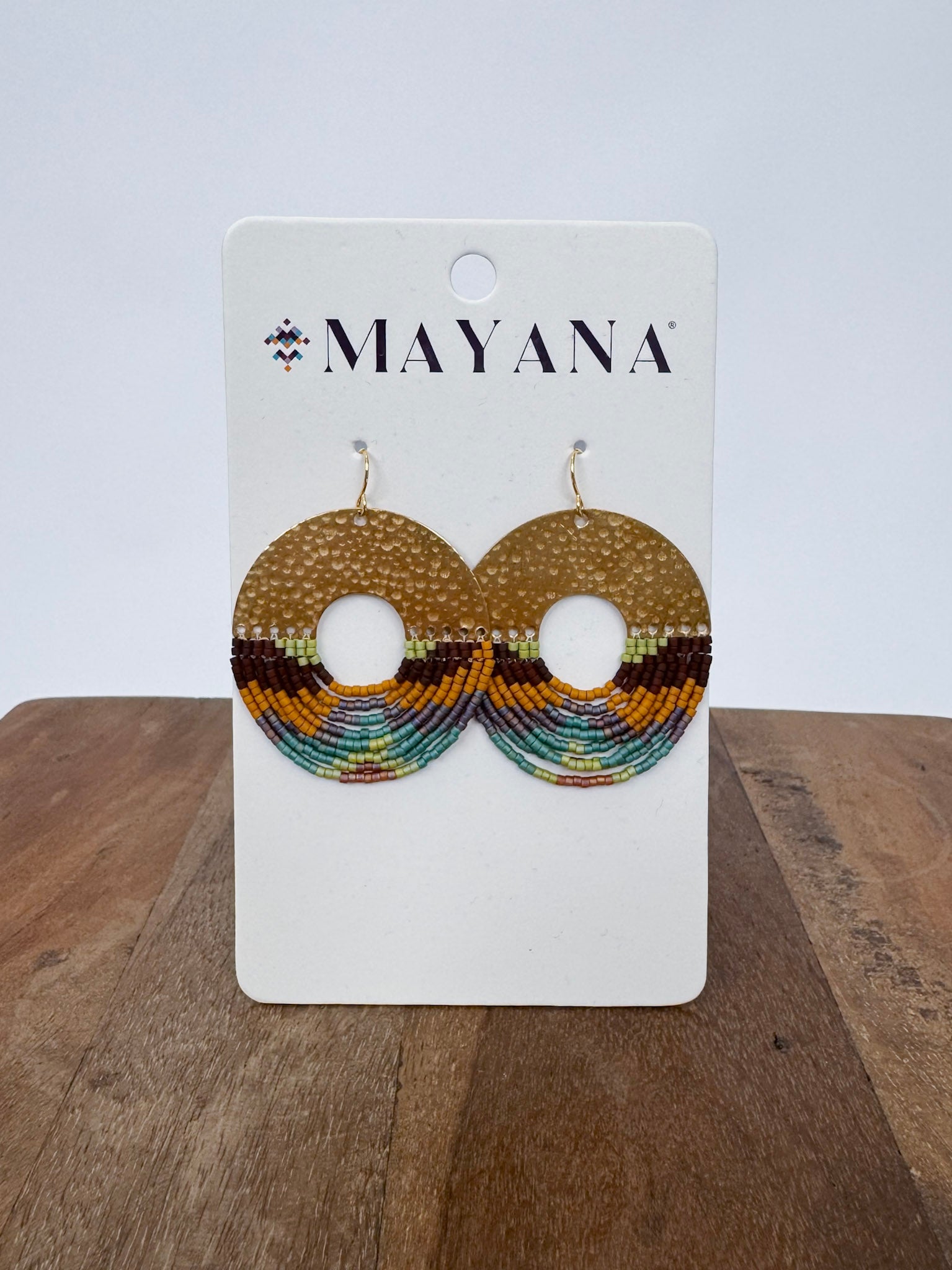 Organic Circular Fringe Earrings with hammered gold disc and earthy multicolor beaded fringe — Paper Doll