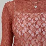 Sierra Casual Top in terracotta open lace knit with bell sleeves — Paper Doll
