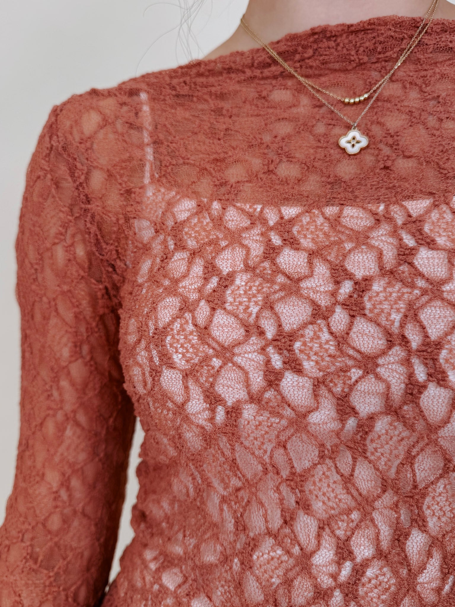 Sierra Casual Top in terracotta open lace knit with bell sleeves — Paper Doll