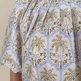 Palm Breeze Blouse in cream with olive and lavender palm tree print and puff sleeves — Paper Doll