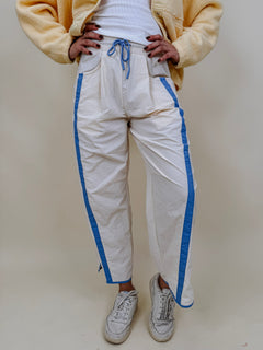 Run the Mile Pants in cream with blue side stripe trim — Paper Doll