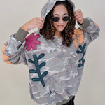 Cozy Jungle Hoodie in washed grey camo with stitched flower appliqués — Paper Doll