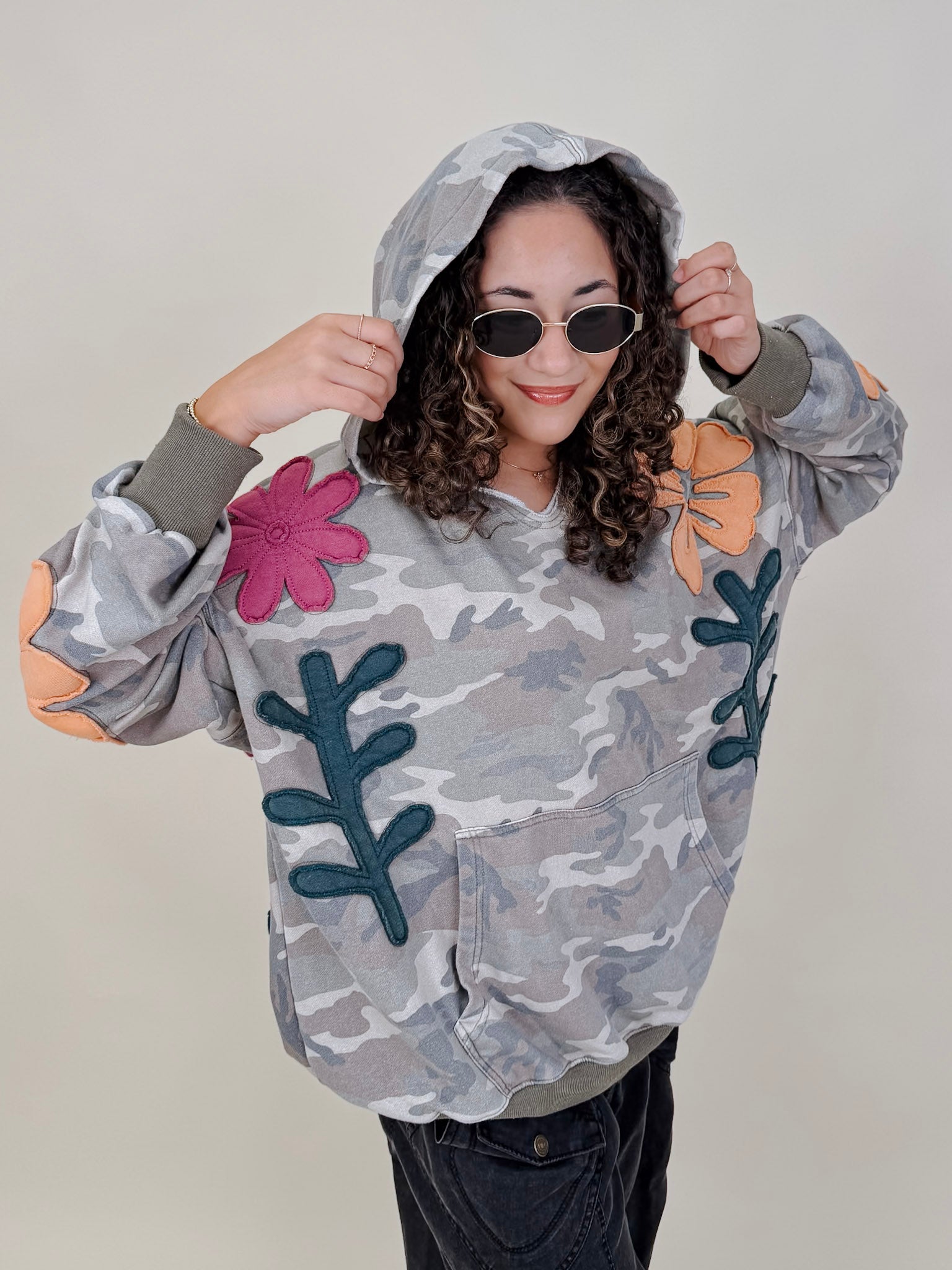 Cozy Jungle Hoodie in washed grey camo with stitched flower appliqués — Paper Doll