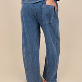 Anya Denim Top in washed blue with vertical seam detail and gathered neckline — Paper Doll
