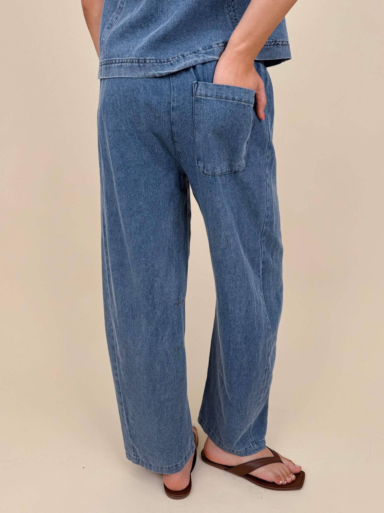 Anya Denim Top in washed blue with vertical seam detail and gathered neckline — Paper Doll
