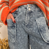 Ellie May Floral Barrel Pant in latte mineral wash with cargo pockets and barrel leg silhouette