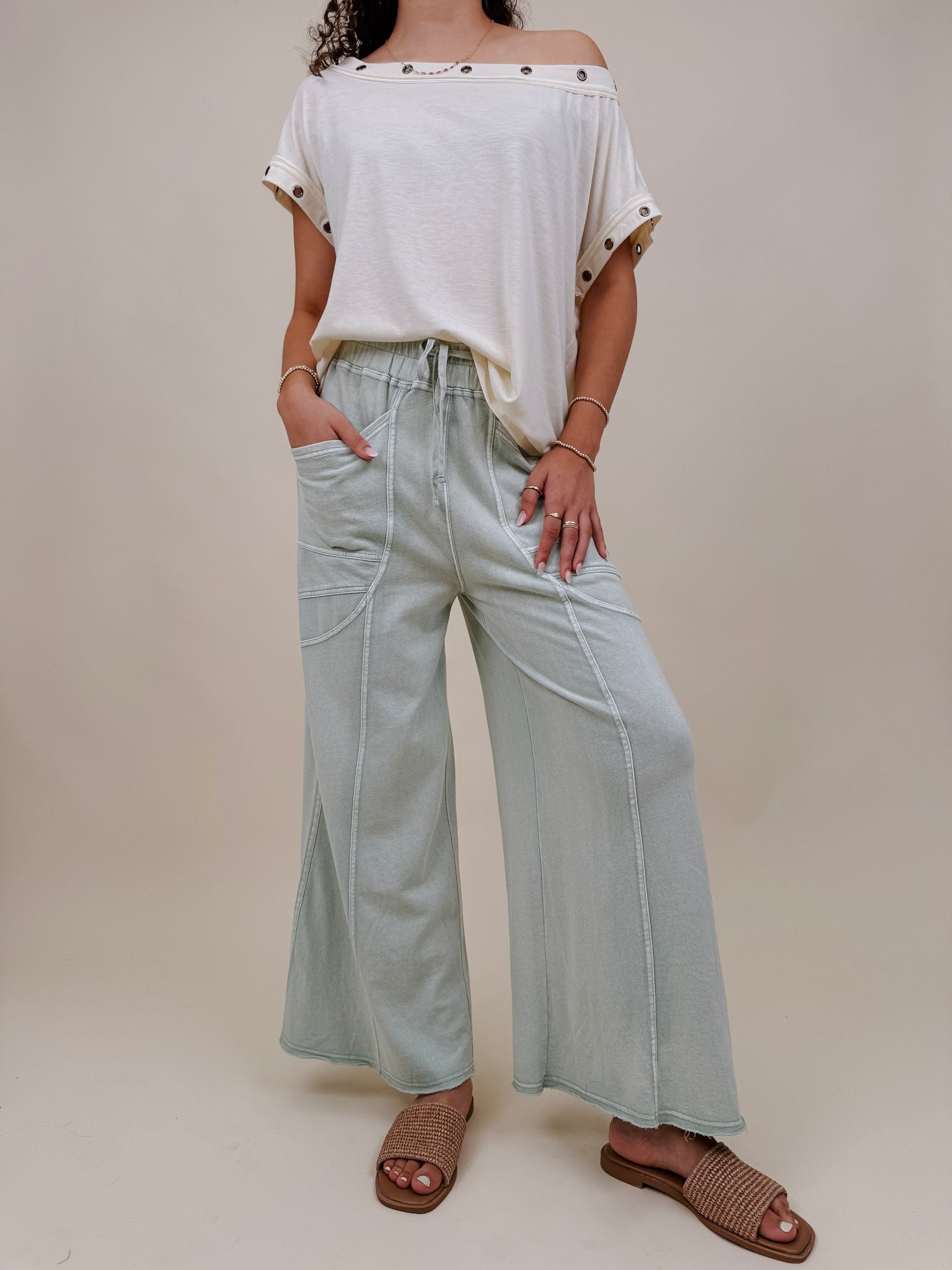 Braxton Cozy Pant in washed sage with a drawstring waist and wide leg — Paper Doll
