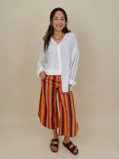 Fair Season Pant in mustard and rust multi stripe with wide cropped leg — Paper Doll