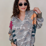 Cozy Jungle Hoodie in washed grey camo with stitched flower appliqués — Paper Doll