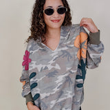 Cozy Jungle Hoodie in washed grey camo with stitched flower appliqués — Paper Doll