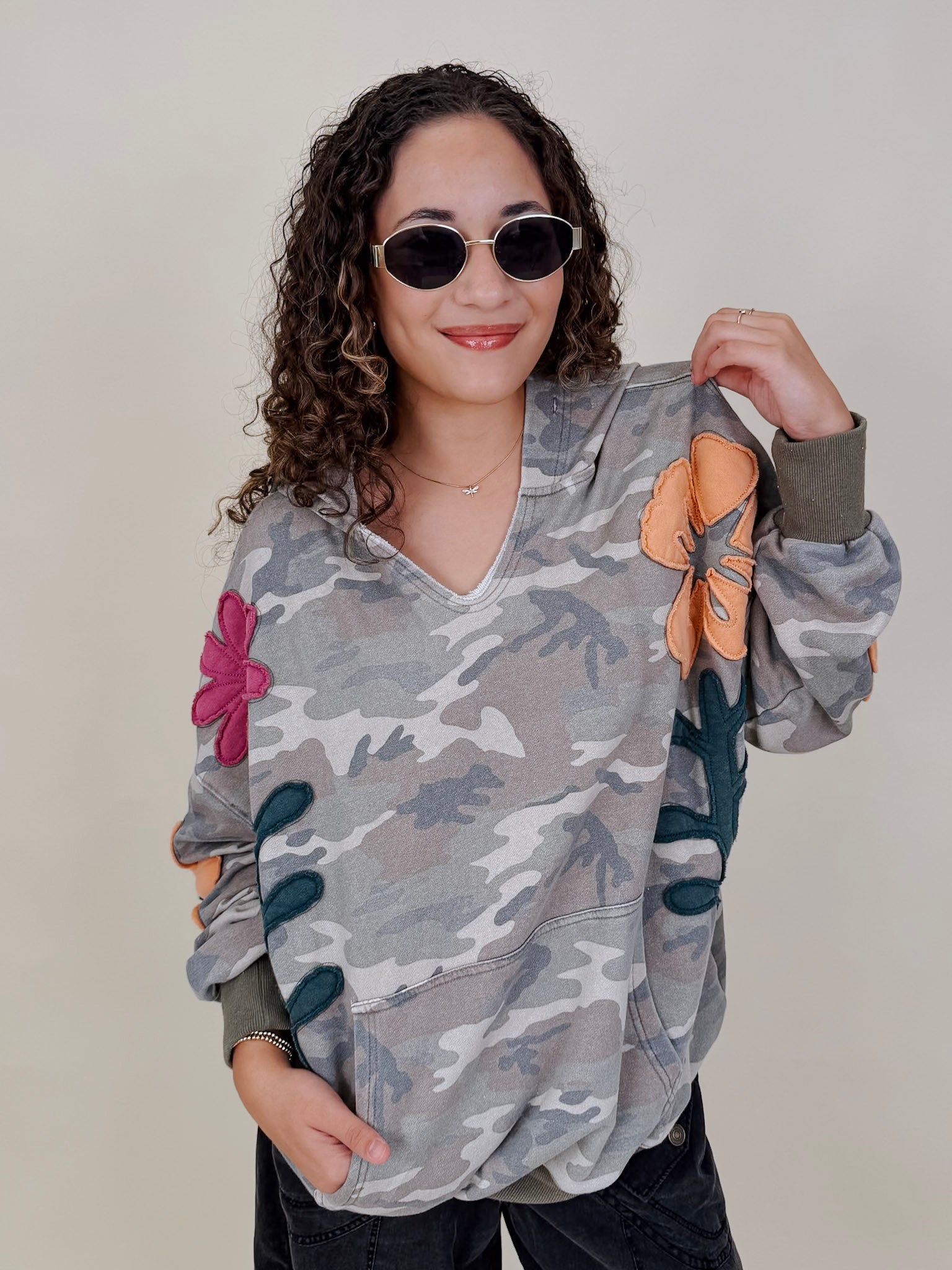 Cozy Jungle Hoodie in washed grey camo with stitched flower appliqués — Paper Doll