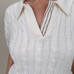 Take Heart Cable Knit Polo Shirt in cream with polo collar and contrast stripe placket — Paper Doll
