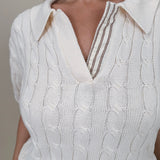 Take Heart Cable Knit Polo Shirt in cream with polo collar and contrast stripe placket — Paper Doll

