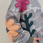 Cozy Jungle Hoodie in washed grey camo with stitched flower appliqués — Paper Doll