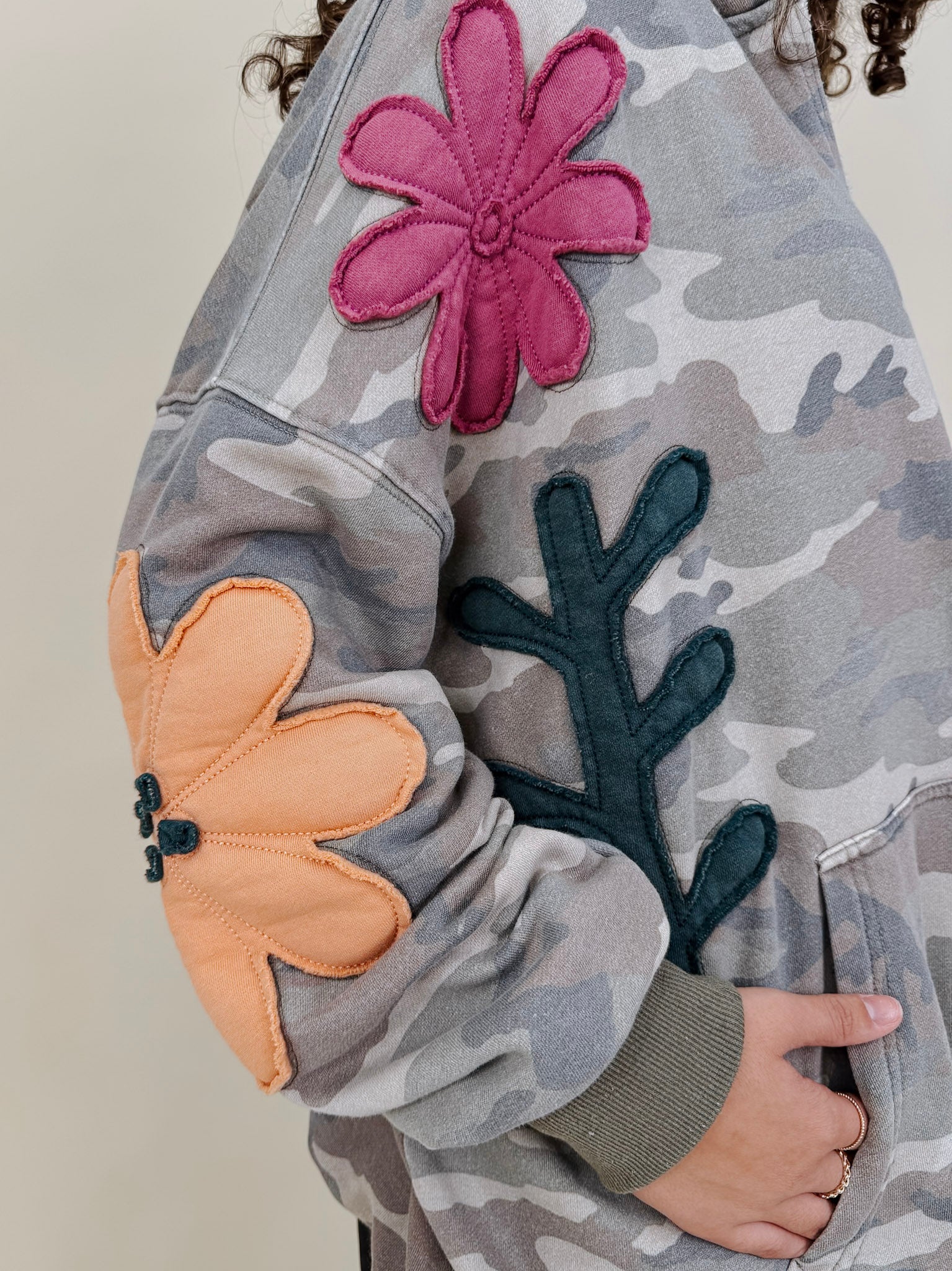Cozy Jungle Hoodie in washed grey camo with stitched flower appliqués — Paper Doll