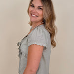 At the Start Front Tie Top in sage with tonal embroidery and scalloped lace trim — Paper Doll
