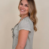 At the Start Front Tie Top in sage with tonal embroidery and scalloped lace trim — Paper Doll
