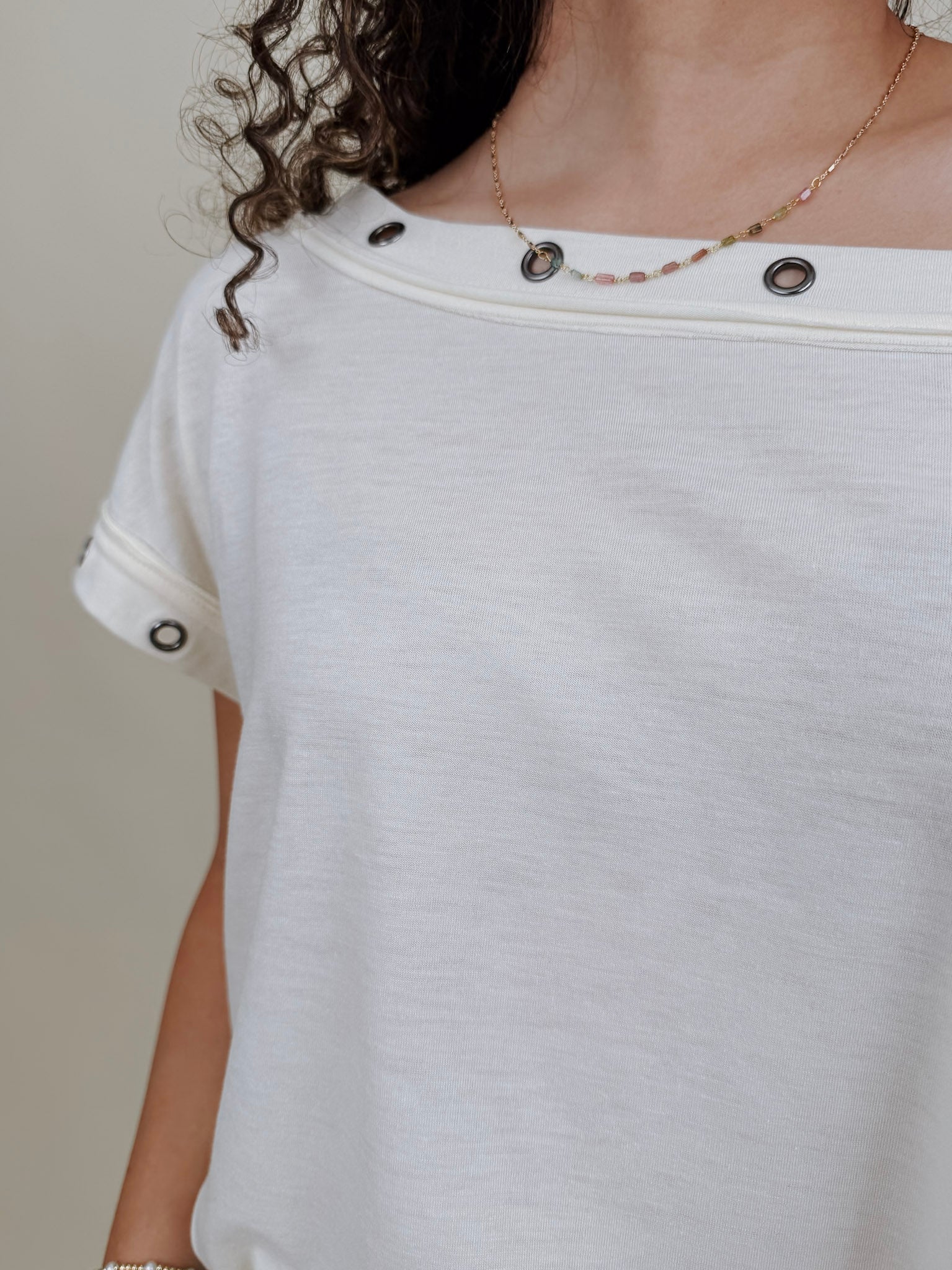 Just A Dream Metal Circle Trim Top in cream with metal grommet neckline trim — Paper Doll
