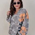Cozy Jungle Hoodie in washed grey camo with stitched flower appliqués — Paper Doll