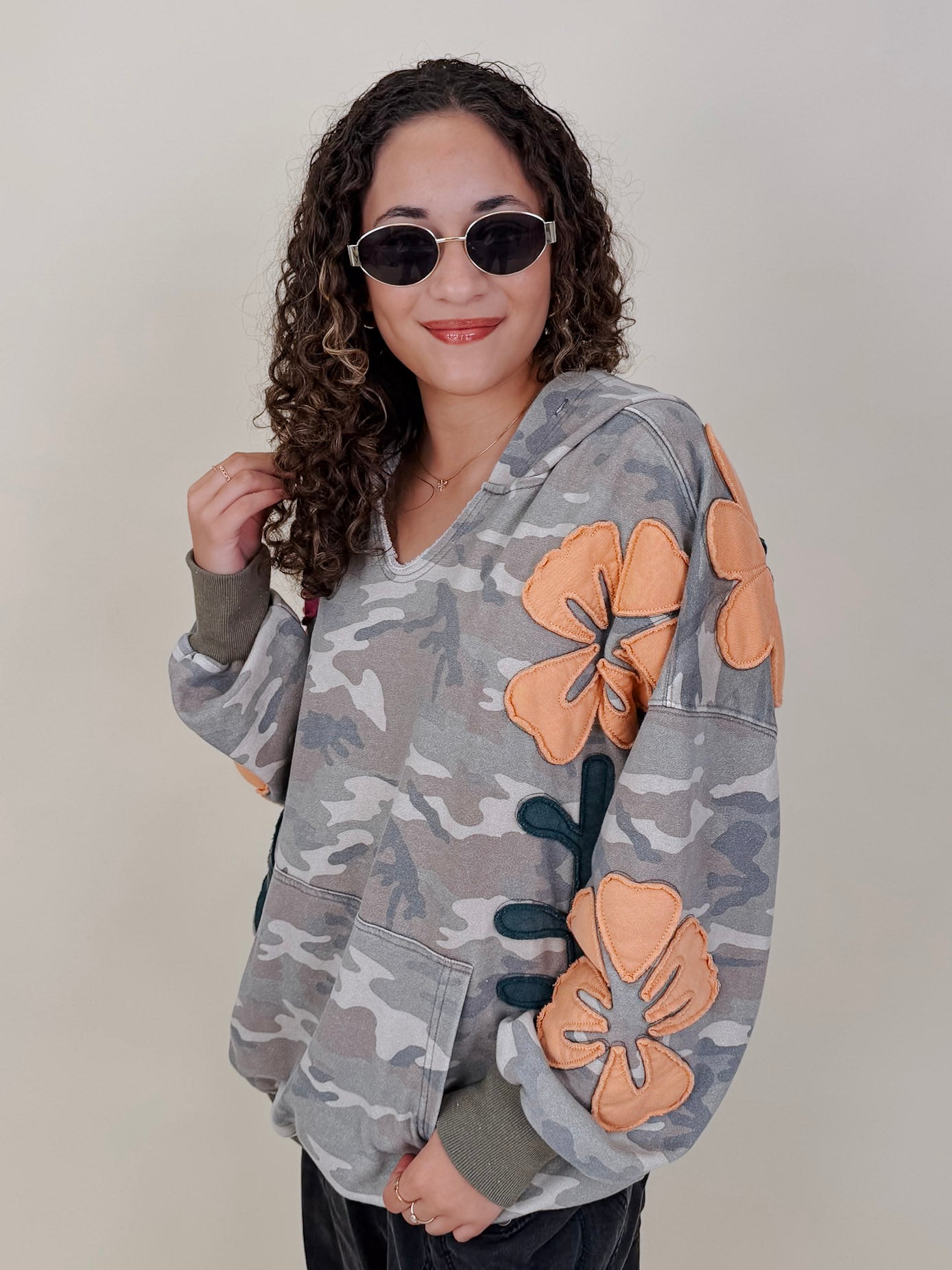 Cozy Jungle Hoodie in washed grey camo with stitched flower appliqués — Paper Doll