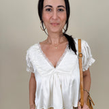 Shine Bright Floral Lace Detail Blouse in off white with embroidered yoke and lace V-neckline — Paper Doll
