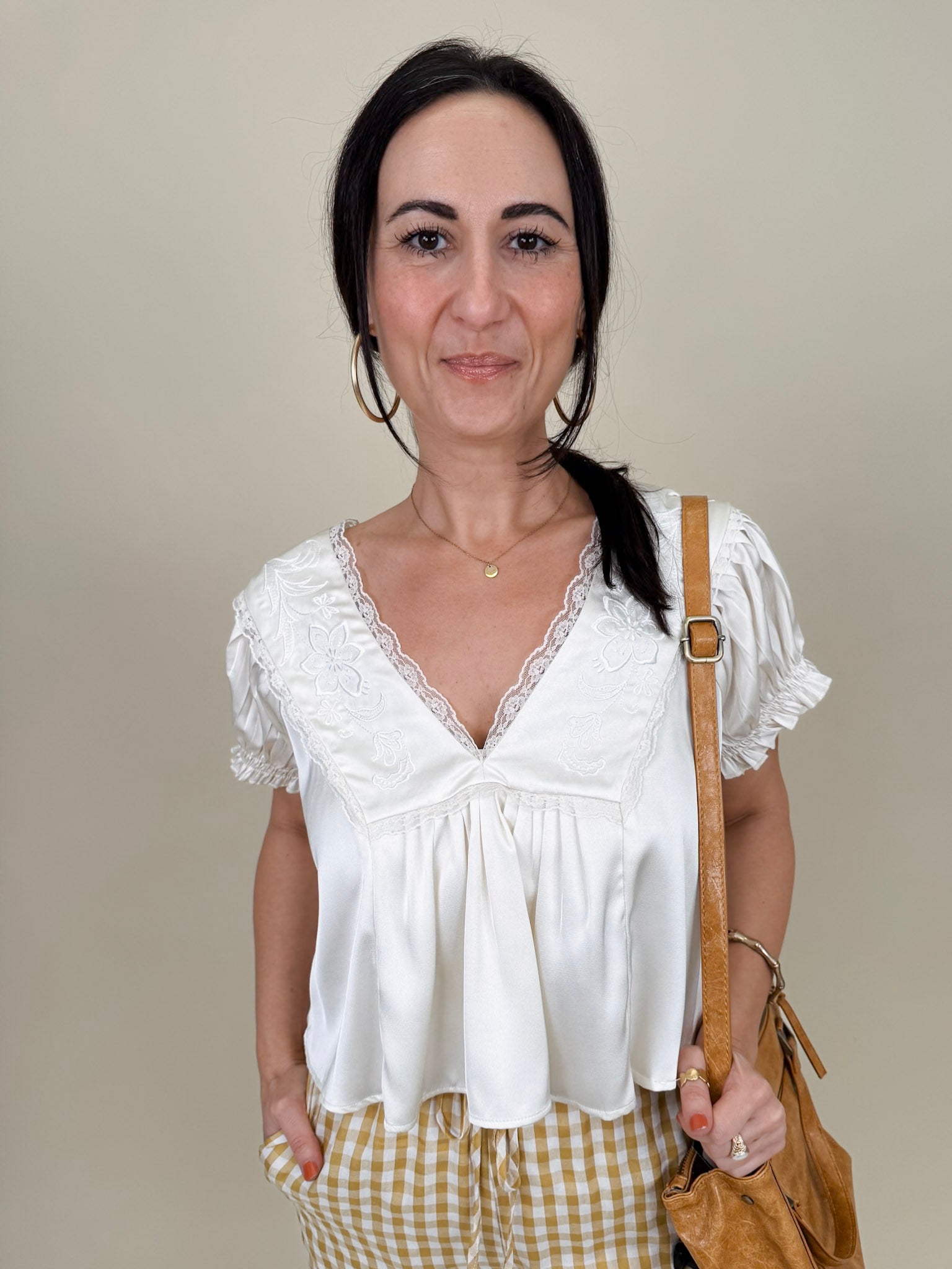Shine Bright Floral Lace Detail Blouse in off white with embroidered yoke and lace V-neckline — Paper Doll
