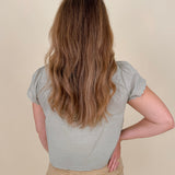 At the Start Front Tie Top in sage with tonal embroidery and scalloped lace trim — Paper Doll