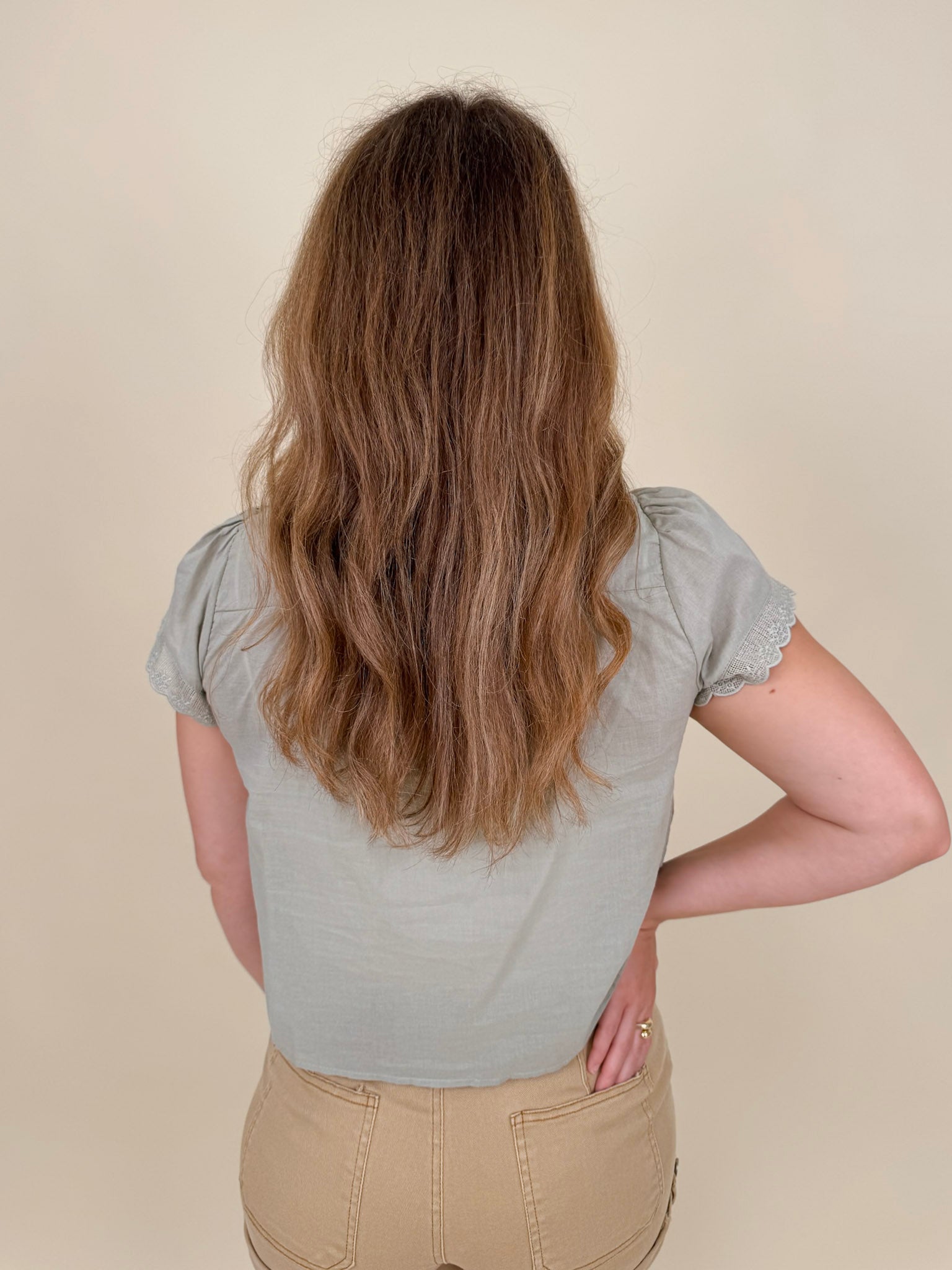 At the Start Front Tie Top in sage with tonal embroidery and scalloped lace trim — Paper Doll
