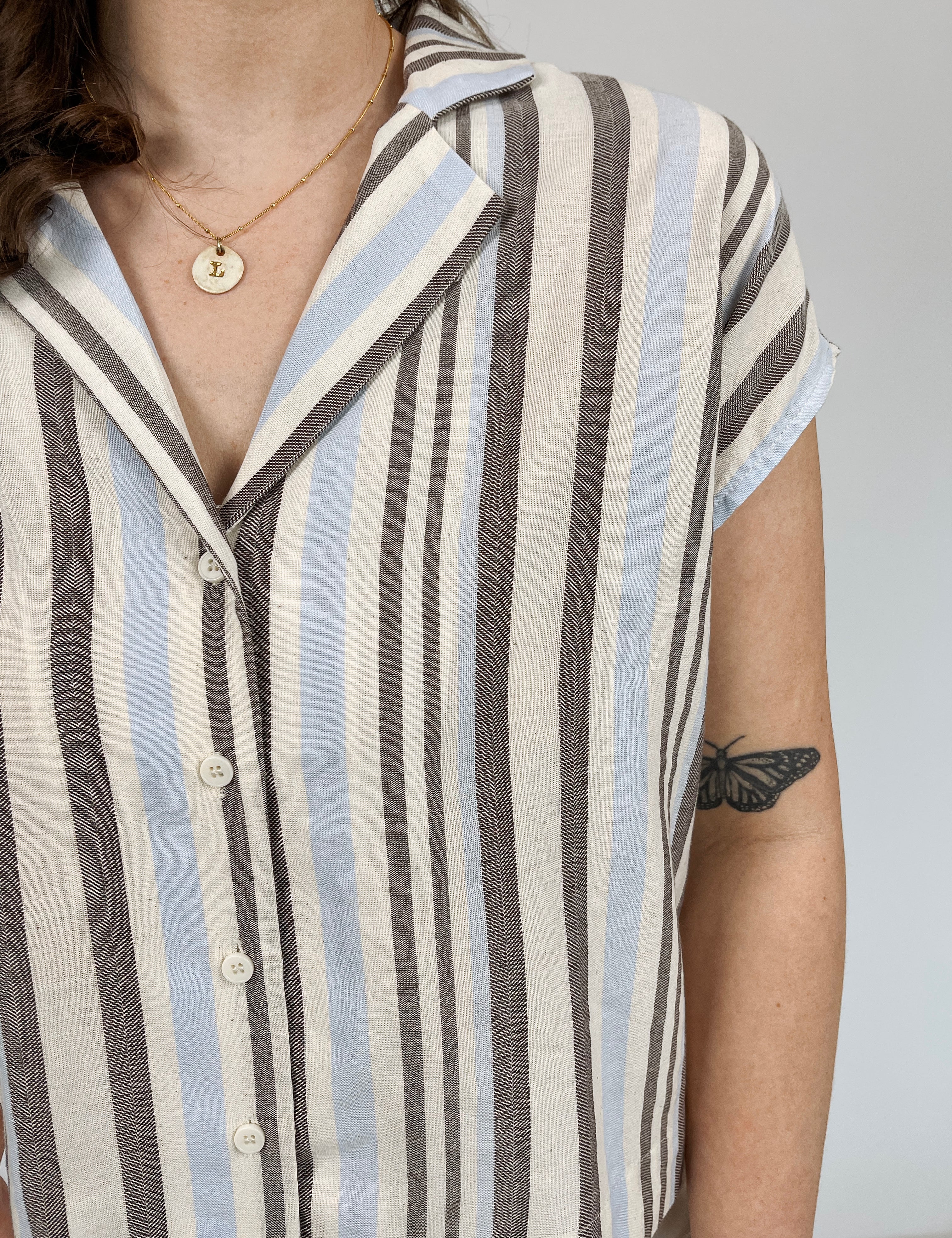 Gentle Grace Linen Stripe Button Up Top