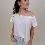 Just A Dream Metal Circle Trim Top in cream with metal grommet neckline trim — Paper Doll
