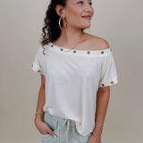 Just A Dream Metal Circle Trim Top in cream with metal grommet neckline trim — Paper Doll
